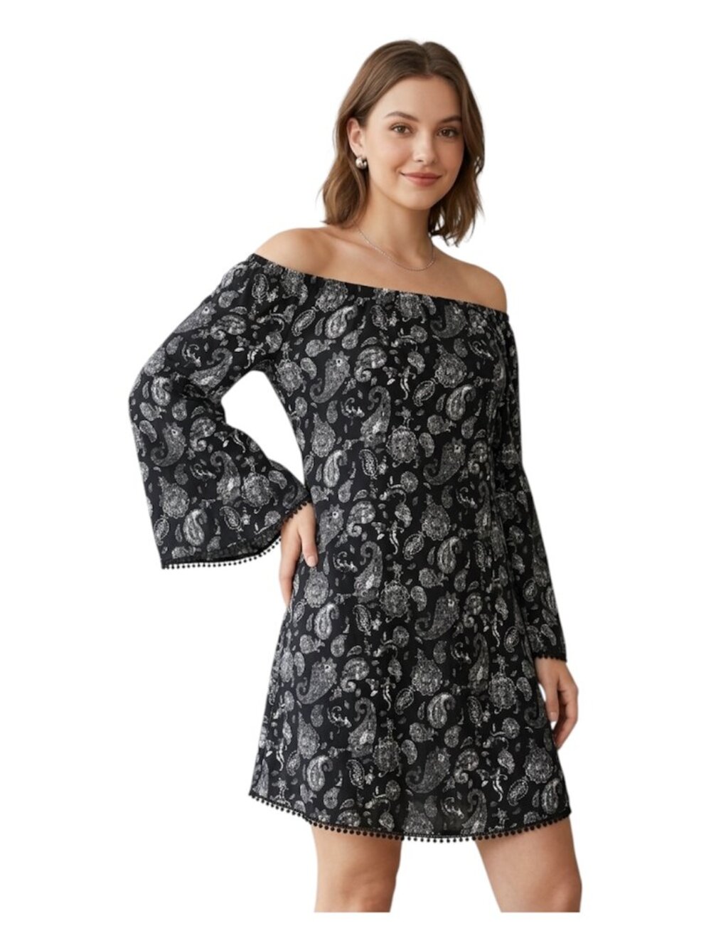 Knox Rose Dress boho black XL paisley off-the-shoulder bell sleeve silhouette - Picture 11 of 11